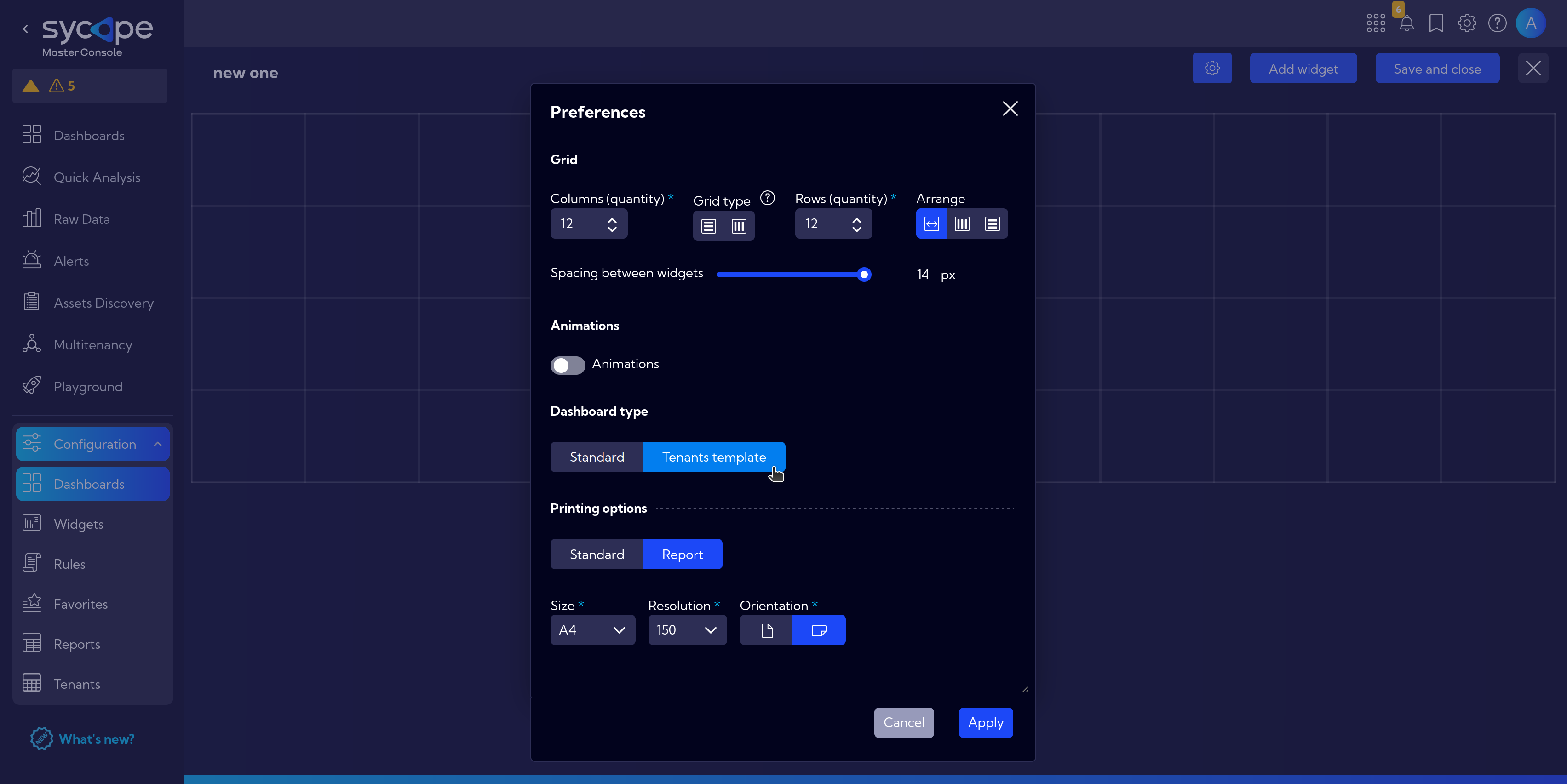 Dashboard type: Tenants template